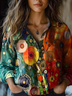 Women's Vintage Art Floral Print Cotton and Linen Long Sleeve Shirt