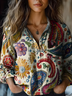 Women's Vintage Art Floral Print Cotton and Linen Long Sleeve Shirt