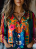 Women's Vintage Art Floral Print Cotton and Linen Long Sleeve Shirt