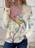 Women's Floral Bird Spring Print Casual Round Neck Long Sleeve T-Shirt