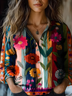 Women's Vintage Art Floral Print Cotton and Linen Long Sleeve Shirt