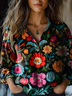 Women's Vintage Art Floral Print Cotton and Linen Long Sleeve Shirt