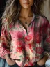 Women's Vintage Art Floral Print Cotton and Linen Long Sleeve Shirt