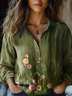 Women's Vintage Art Floral Print Cotton and Linen Long Sleeve Shirt