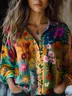 Women's Vintage Art Floral Print Cotton and Linen Long Sleeve Shirt