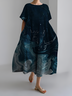 Women's Ocean Art Stripe Print Vintage Round Neck Pleated Dress