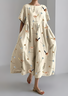 Women's Artistic Floral Print Vintage Round Neck Pleated Maxi Dress