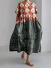 Women's Artistic Floral Print Vintage Round Neck Pleated Maxi Dress