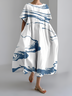 Women's Art Stripe Print Vintage Round Neck Pleated Dress