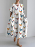 Funny Farm Chicken Embroidery Pattern Linen Blend Casual Dress With No Belt