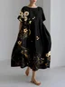 Women's Artistic Floral Print Vintage Round Neck Pleated Maxi Dress