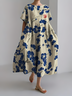 Women's Japanese Art Floral Print Vintage Round Neck Pleated Maxi Dress