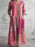Women's V-Neck Art Geometric Floral Dress with Pockets