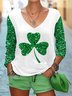 Women's St. Patrick's Day Sequined Clover Casual Print Long Sleeve V-Neck T-Shirt