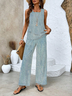 Women's Imitation Denim Spring Printed Casual Vest And Trousers Two-Piece Suit