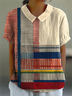 Loose Striped Shawl Collar Casual T-Shirt
