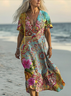 V Neck Vintage Floral Dress With No Belt
