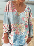 Women's Vintage Ethnic Floral Art Print Casual V-neck Long Sleeve Comfortable Cotton T-shirt