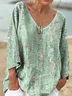Women's Floral Texture Patterns Print V-neck Comfortable Cotton T-shirt