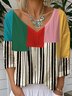 Casual V Neck Multicolor Block Loose T-Shirt