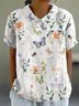 Elegant Shawl Collar Animal Cotton Blouse