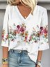 V Neck Floral Casual Loose Blouse