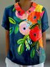 Shawl Collar Floral Loose Casual T-Shirt