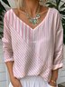 Casual V Neck Striped Loose T-Shirt