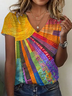Women's Spring and Summer Hippie Print Casual V-Neck Short Sleeve T-Shirt