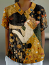 Loose Animal Picture Shawl Collar Casual T-Shirt