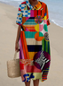 Regular Fit Shawl Collar Multicolor Block Casual Dress With No