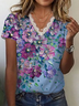 Women's Short Sleeve T-shirt Summer Blue Purple Floral Printing V Neck Daily Going Out Casual Top