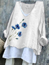 Floral Linen V Neck Cotton T-Shirt