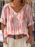 Striped V Neck Casual Cotton Blouse