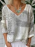 Black And White Colorblock V Neck Casual T-Shirt
