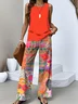 Multicolor Block Casual Crew Neck Two-Piece Set With No
