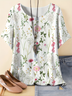 Floral Loose Simple Dolman Sleeve Linen T-Shirt