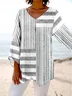 V Neck Cotton Striped Elegant Blouse