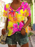 Floral V Neck Cotton Casual T-Shirt