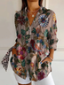 Women's Long Sleeve Shirt Spring/Fall Brown Floral Buckle Shirt Collar Daily Going Out Casual Top