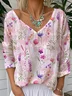 Botanical Pattern V Neck Casual T-Shirt