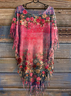 Women's Floral Pattern Art Print Batwing Tassel Fringe Cape Shirt