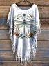 Women's Dragonfly Pattern Art Print Batwing Tassel Fringe Cape Shirt