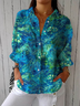Vintage Hand Painted Floral Art Print Casual Linen V Neck Shirt