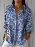 Vintage Hand Painted Floral Art Print Casual Linen V Neck Shirt