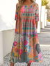 Vintage Floral Heart Print Round Neck Pocket Midi Dress