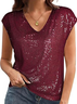 Women's Short Sleeve Sequins T-shirt Summer Wine Red Plain V Neck Party Going Out Casual Top