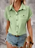 Women's Short Sleeve T-shirt Summer Blue Plain Shawl Collar Daily Going Out Casual Top