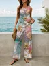 Women's Floral Print Casual Suspender Pants Two-Piece Set