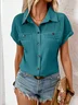 Women's Short Sleeve T-shirt Summer Blue Plain Shawl Collar Daily Going Out Casual Top